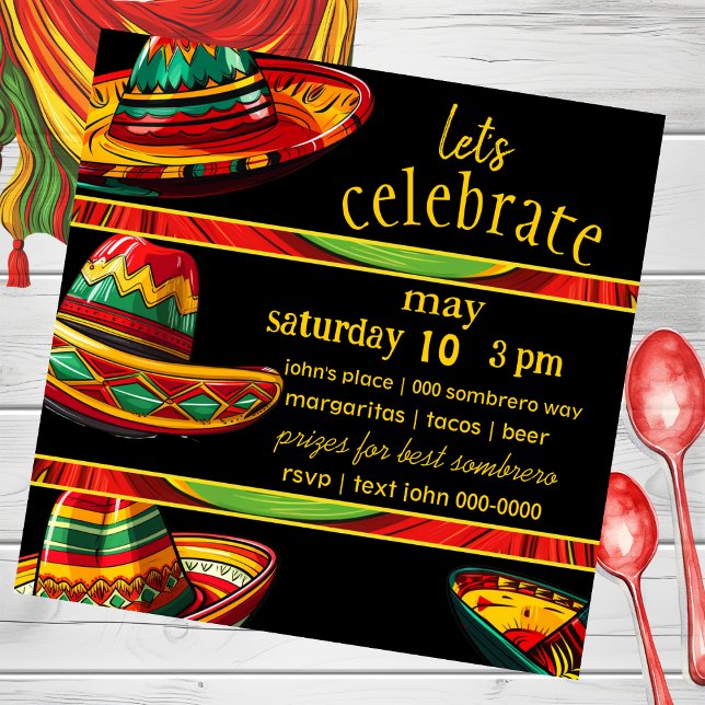 Convites Hot Sombrero | Verde Amarelo vermelho | Fiesta The (Bold colors for cinco de mayo birthday party celebrations for him and her customizable invite. )