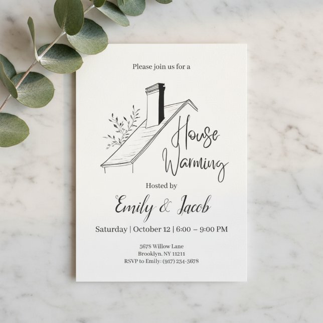 Convites Housewarming Invitation • New Home Party Invite (Minimal housewarming invitation with rooftop illustration on marble background and greenery)
