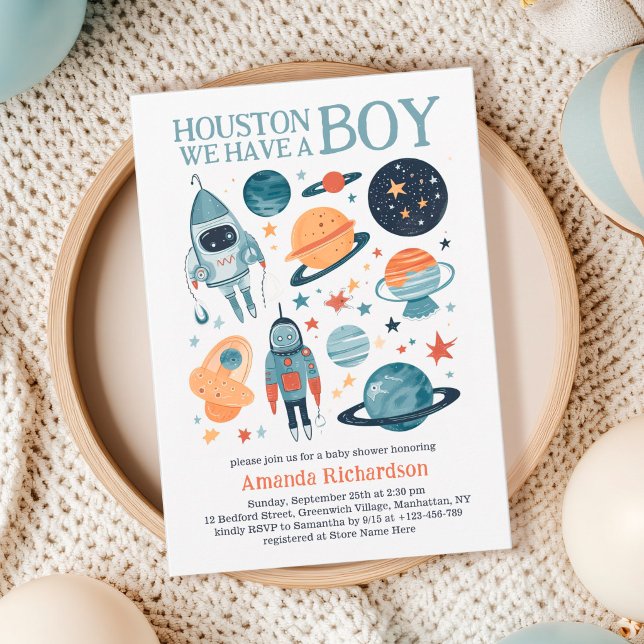 Convites Houston Temos Um Chá de Bebê no Espaço Sideral (Houston We have a boy baby shower invitation)