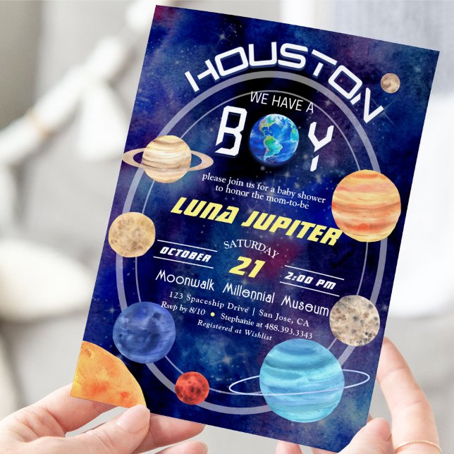 Convites Houston temos um Chá de fraldas de Planetas Espaci (space baby shower)