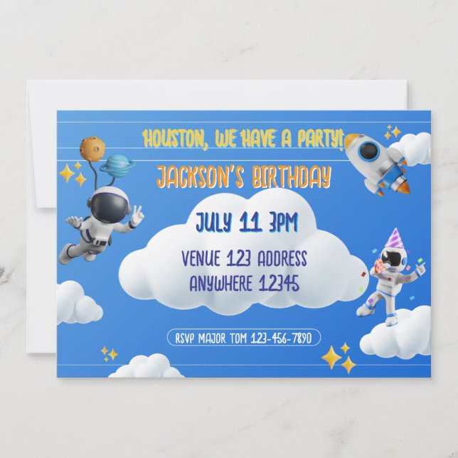 Convites Houston Temos uma Festa de Aniversário Espacial 3D (Frente)