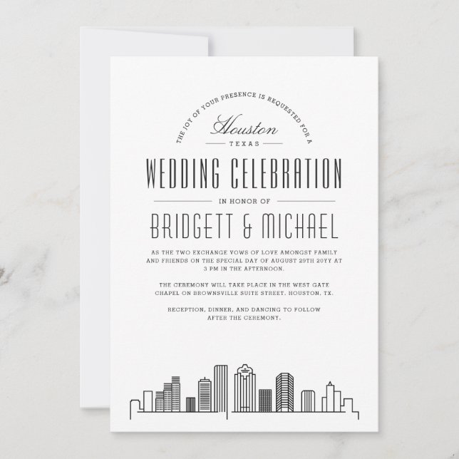 Convites Houston Wedding | Skyline Moderno Deco (Frente)