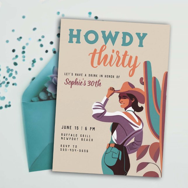 Convites Howdy 30 Retro Country Western aniversário de 30 a (30 birthday invitation for women retro country western desert cactus southwestern howdy thirty)