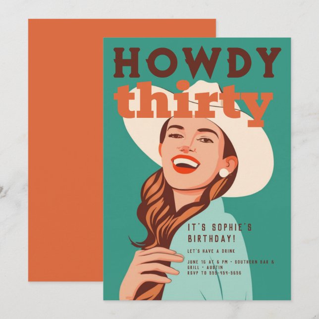 Convites Howdy 30 Western Retro Orange Teal aniversário de  (Frente/Verso)