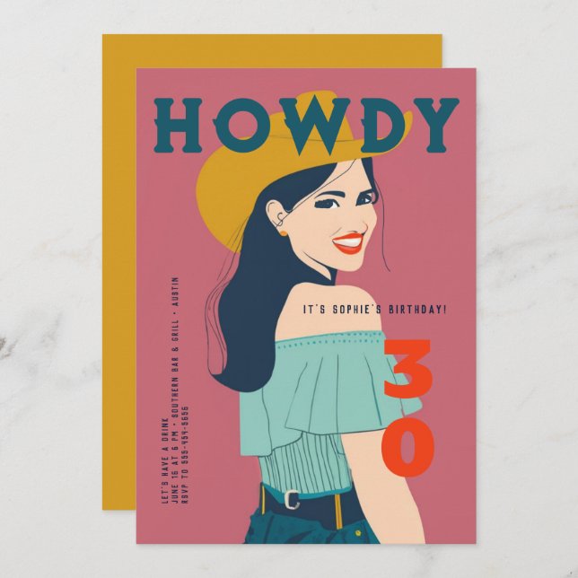 Convites Howdy 30 Western Retro-Rosa aniversário de 30 anos (Frente/Verso)