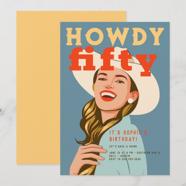 Convites Howdy 50 Western Retro Chic Blue 50º aniversário (Frente/Verso)