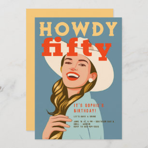 Convites Howdy 50 Western Retro Chic Blue 50º aniversário