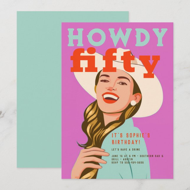 Convites Howdy 50 Western Retro Chic Rosa 50.º Aniversário (Frente/Verso)