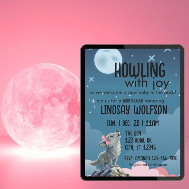Convites Howling with Joy, Wolf Pink Baby Shower (Criador carregado)