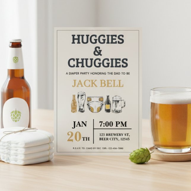 Convites Huggies and Chuggies Invitation (Huggies and chuggies invite on table with beers and diapers)