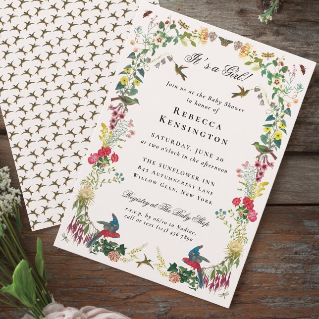 Convites Hummingbird Floral Vintage Baby Shower  (Criador carregado)