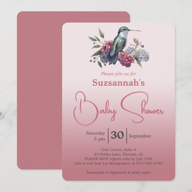 Convites Hummingbird & Flowers Burgundy Ombre Baby Shower (Frente/Verso)