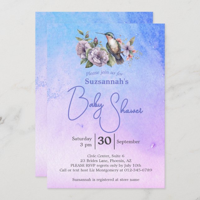 Convites Hummingbird Pastel Watercolor Baby Shower  (Frente/Verso)
