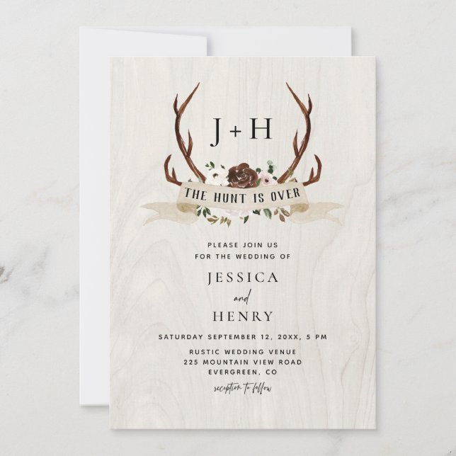 Convites Hunt is Over Rustic Antlers QR Code Wedding  (Frente)