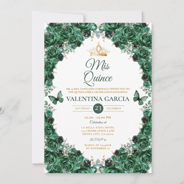 Convites Hunter Green Quinceañera 15 Anos Floral Gold Crown (Frente)