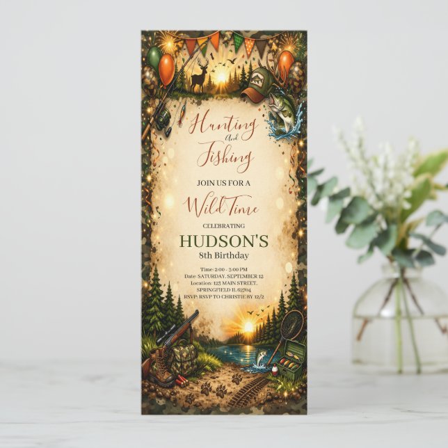 Convites Hunting and Fishing Camo Boy birthday Invitation (Em pé/Frente)