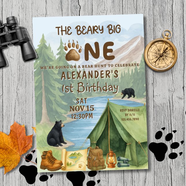 Convites Hunting Camping Beary First Boy 1st Birthday (Criador carregado)