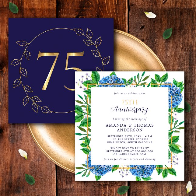 Convites Hydrangea 75º aniversário de casamento Dourado e A (Front / Back)