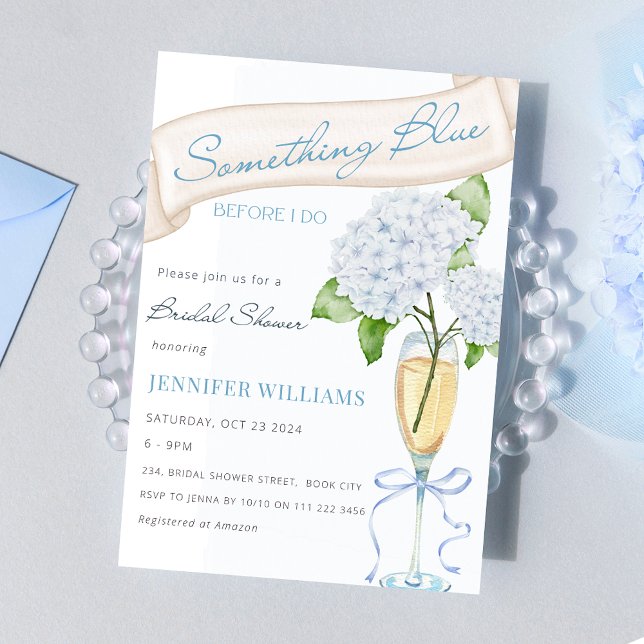 Convites Hydrangea Azul Algo Chá de panela Azul (Something Blue Before I Do Blue Hydrangea Bridal Shower Invitation)