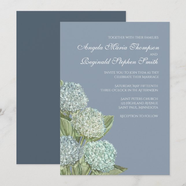 Convites Hydrangea Azul Dusty Casamento de Trás (Frente/Verso)