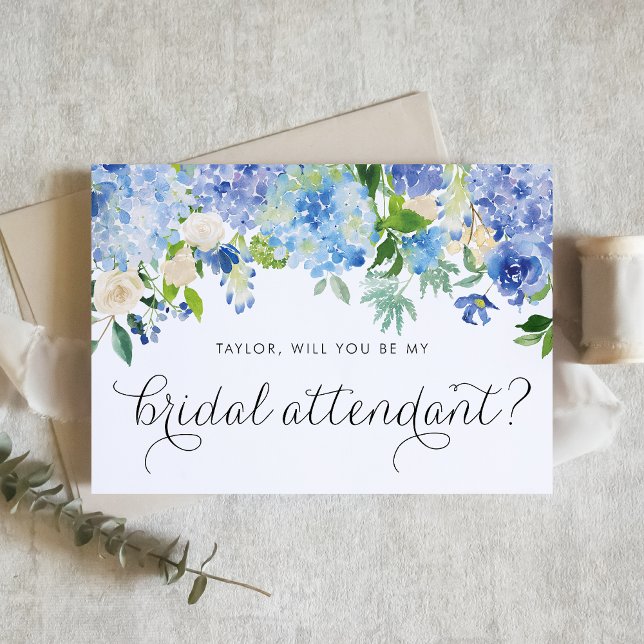 Convites Hydrangea Azul e Atendedor Branca Brida Rosa (Elegant blue hydrangea and white rose card to ask someone to be your bridal attendant.)