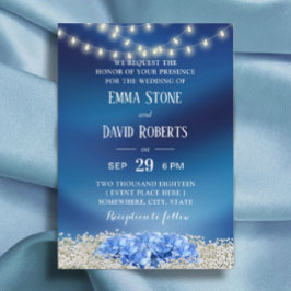 Convites Hydrangea Azul e Luzes de Corda Marinho Casamento