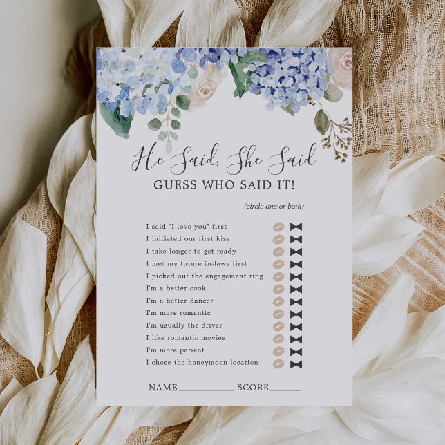 Convites "Hydrangea Azul" Ele Disse Que Ela Disse Que Ela D (Blue Hydrangea He Said She Said Shower Game Card)