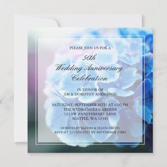 Convites Hydrangea Azul Roxa 50º Aniversário de Casamento (Frente)