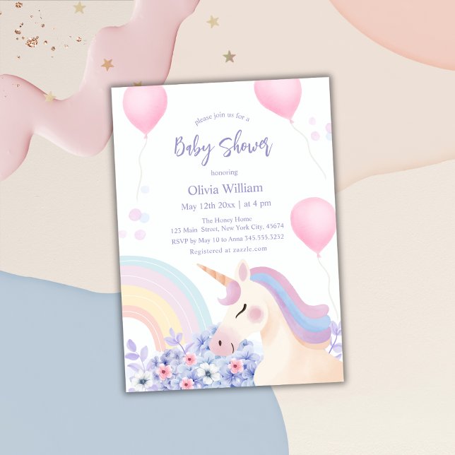 Convites Hydrangea Balloon Rainbow Chá de fraldas Unicorn (Hydrangea Balloon Rainbow Unicorn Baby Shower Invitation)