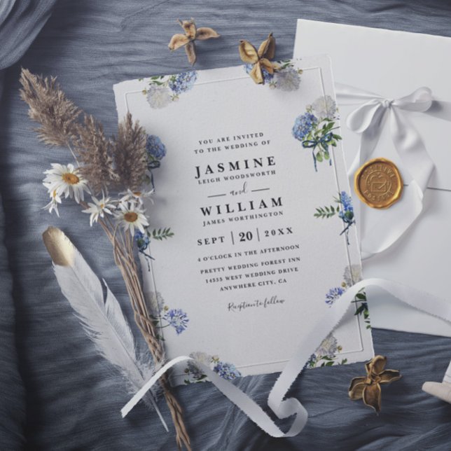 Convites Hydrangea Bouquet Blue Elegant QR Code Wedding (Criador carregado)