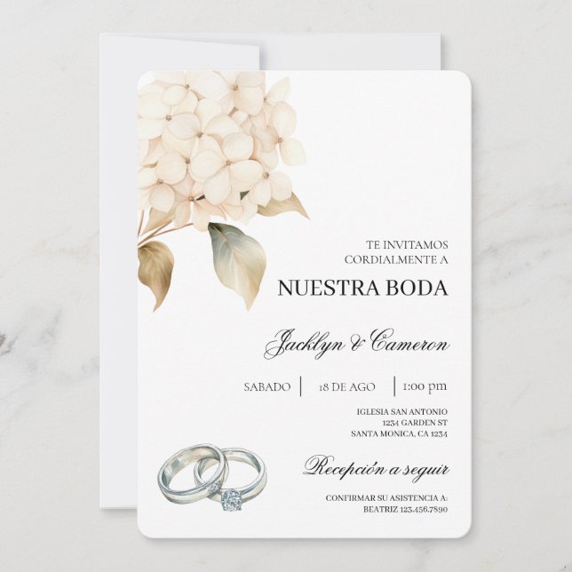Convites Hydrangea branca com anel Casamento Espanhol (Frente)