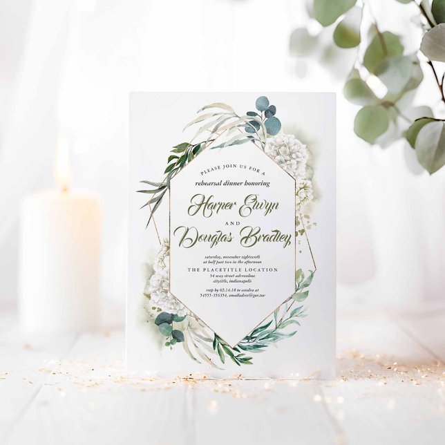 Convites Hydrangea branca e Janto de ensaio Greenerescente (Greenery Rehearsal Dinner Invitations)