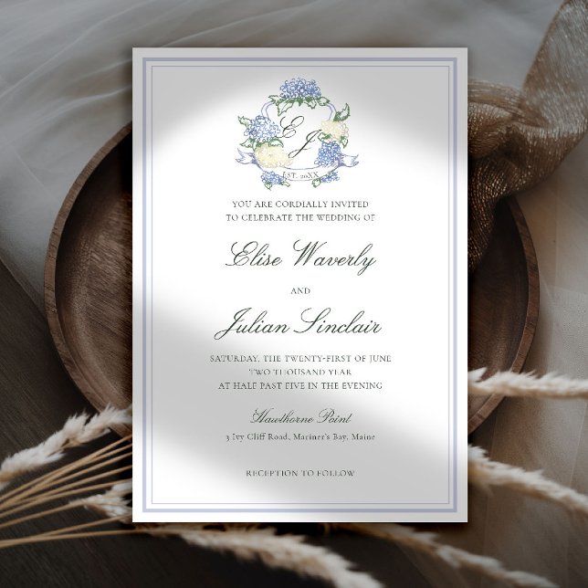Convites Hydrangea Crest Formal Blue Frame Coastal Wedding (hydrangea wedding invitation coastal cottagecore romantic garden formal elegant crest)