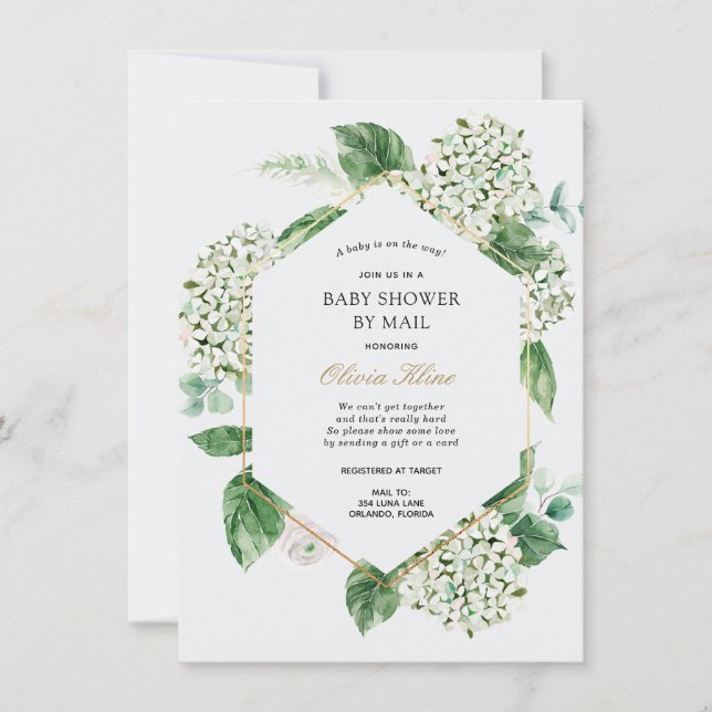 Convites Hydrangea Dourado Frame Chá de fraldas por Email (Frente)