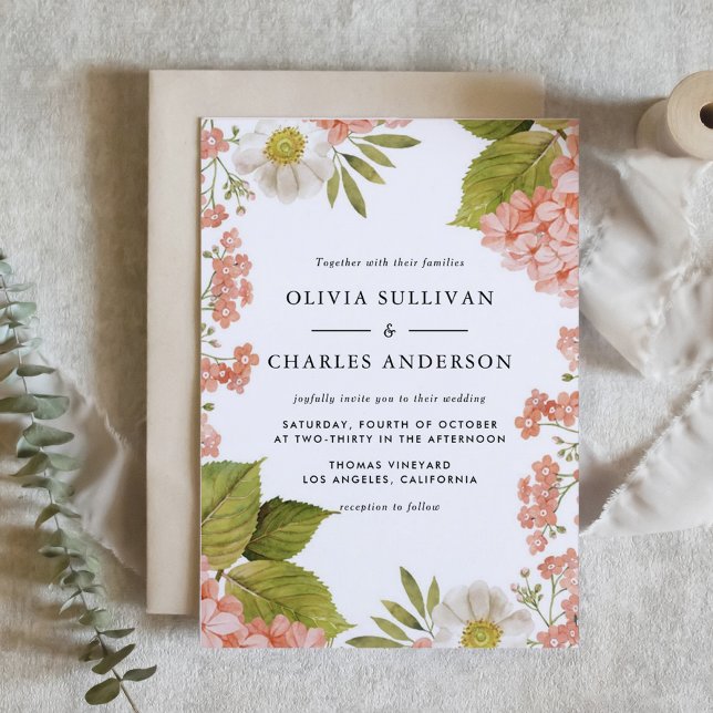 Convites Hydrangea e Casamento com Anêmonas (Botanical Watercolor Peach Hydrangeas and White Anemones Wedding Invitation)