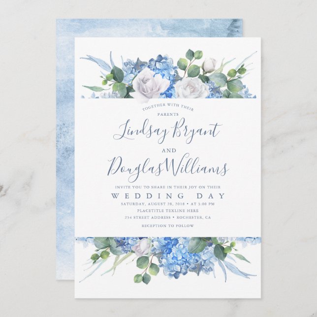 Convites Hydrangea e Greenery Dusty Casamento Floral Azul (Frente/Verso)