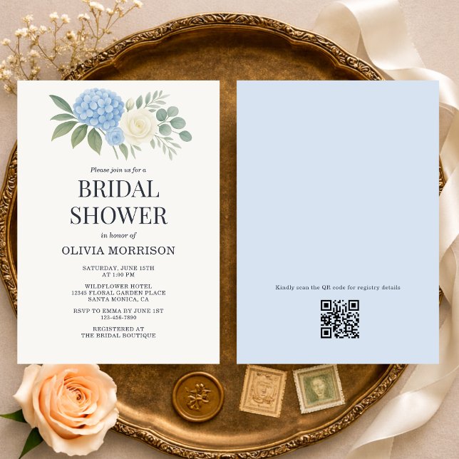 Convites Hydrangea Eucalyptus QR Code Bridal Shower (Criador carregado)