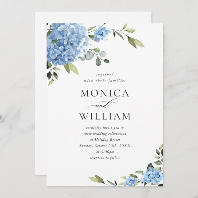 Convites Hydrangea Floral, Azul Elegante, Todos Em Um (Frente/Verso)