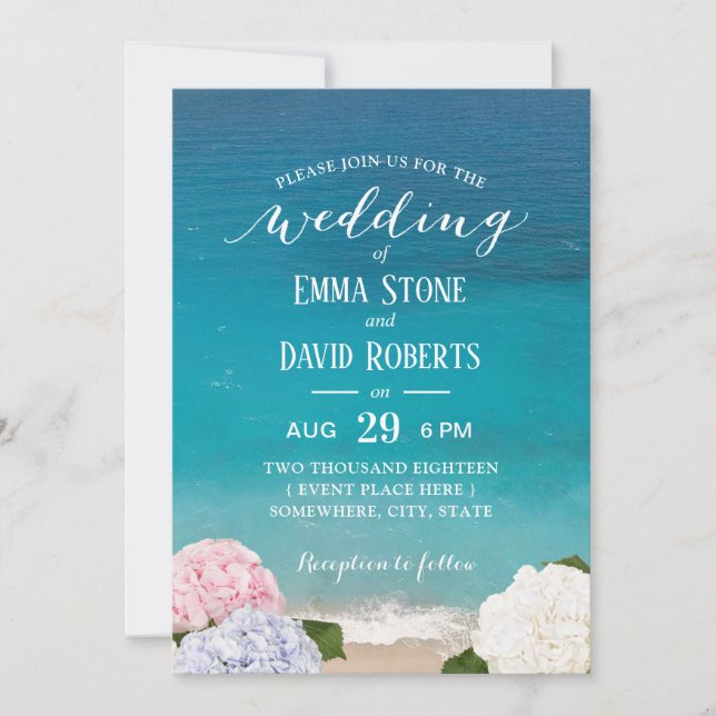 Convites Hydrangea Floral Beach Weding Party (Frente)
