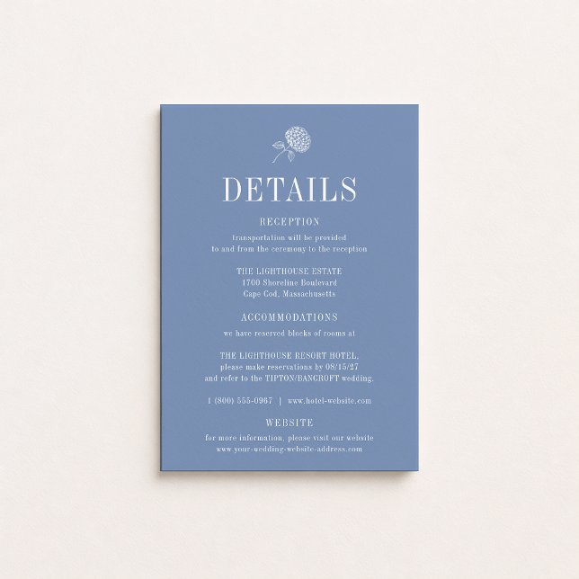 Convites HYDRANGEA Floral Blue Wedding Details Card (Criador carregado)
