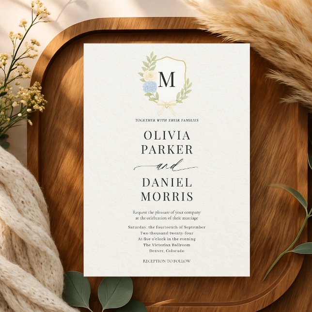 Convites Hydrangea Floral Crest Monogram Wedding (Criador carregado)