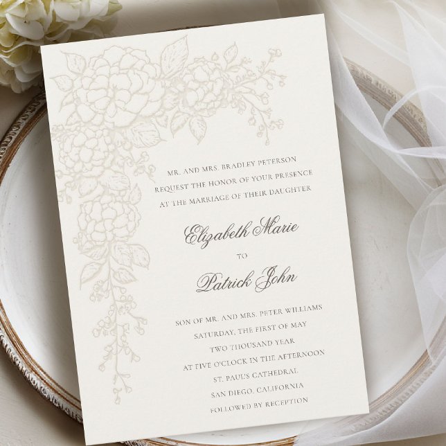 Convites Hydrangea Luminosa Ecru 2 Casamento Clássico Forma (hydrangea wedding invitation formal traditional modern classic art sketch parents host ecru 2)
