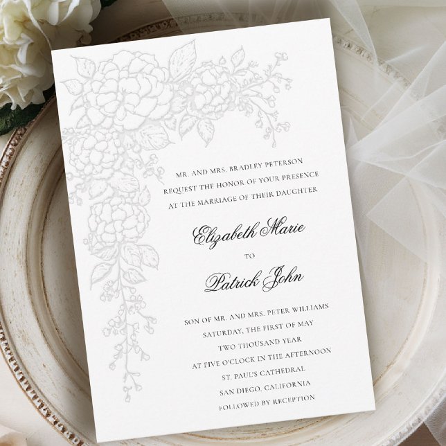 Convites Hydrangea Luminous White Formal Classic Wedding (hydrangea wedding invitation formal traditional modern classic art sketch black white parents host)