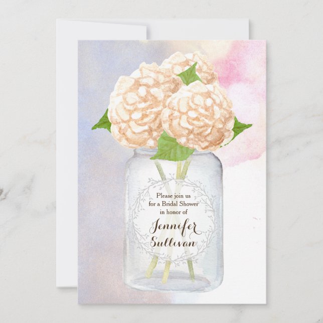 Convites Hydrangea Mason Jar Chá de panela de Watercolor Wh (Frente)