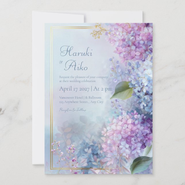 Convites Hydrangea Pastel Misty Quadro Dourado Casamento (Frente)