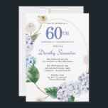 Convites Hydrangea Rosa 60ª Festa de aniversário<br><div class="desc">Flores de hydrangea azuis e flores de rosa escamas decoram uma estrutura oval dourada. Uma botânica moderna,  aberta e arejada.</div>