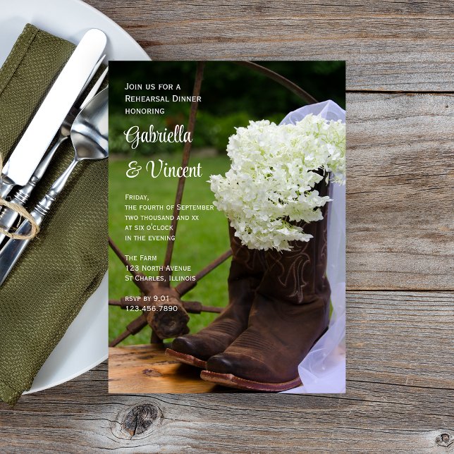Convites Hydrangea Rustic Boots Janto de Ensaios Ocidentais (Criador carregado)