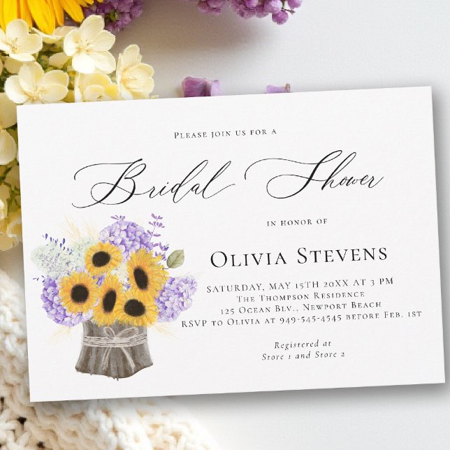 Convites Hydrangea Sunflowers Lilac Rustic Bridal Shower (bridal shower invitation sunflower lilac hydrangea rustic elegant barn outdoors garden backyard)