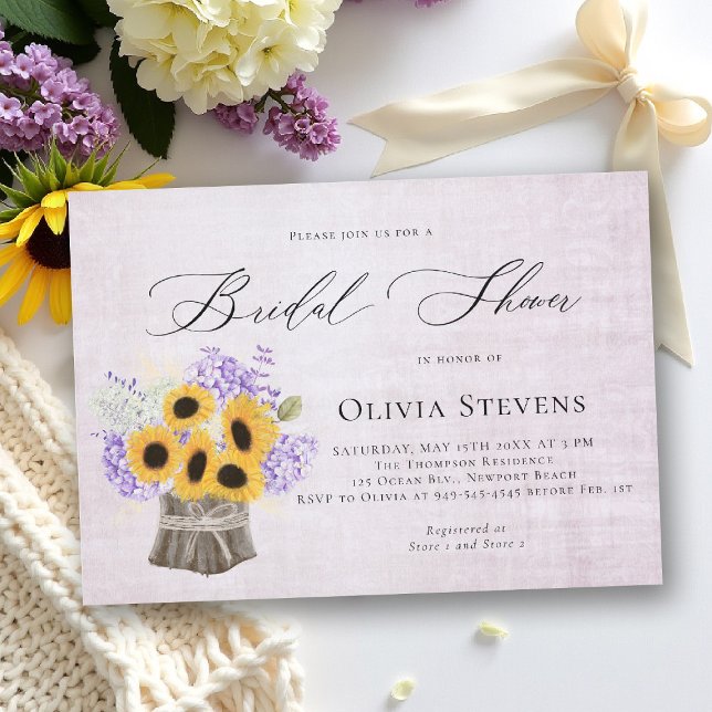 Convites Hydrangea Sunflowers Lilac Vintage Bridal Shower (bridal shower invitation sunflower lilac hydrangea elegant barn outdoors garden backyard rustic)