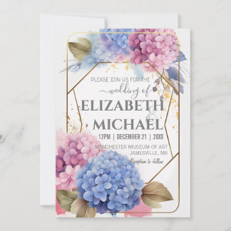 Convites Hydrangea Watercolor Dourada de Casamento